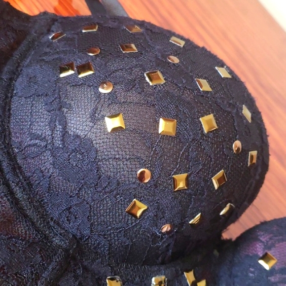 Bikini Swim Top Push Up Black Lace Gold Tone Metal Studded Women's Size 36B. - Picture 13 of 14